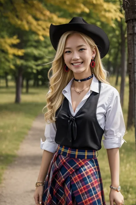 masterpiece, best quality, highres, kitagawa marin, 1girl, blonde hair, long hair, multicolored hair, red eyes, jewelry, earrings, piercing, , white shirt, tied shirt, black choker, blue necktie, plaid skirt, grin, smile, standing, cowboy shot, outdoors,