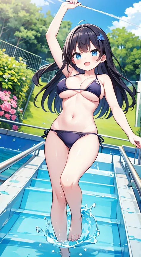 masterpiece,Highest quality,Floral Bikini Top, Floral bikini bottoms,,Side tie bikini bottom,Waterslideのあるウォーターパークの風景, Featuring Japanese Girls. Large Breasts,The girl is wearing a colorful bikini、Fun and long, Open, Water slide, barefoot. Waterslide、Surro...