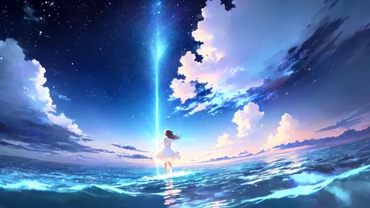 anime, A girl in a white dress floats in the water, Makoto Shinkai Cyril Rolland, anime girl walking on water, anime movie background, beautiful anime scene, todays featured anime still, anime film still, screenshot from the anime film, anime still film an...