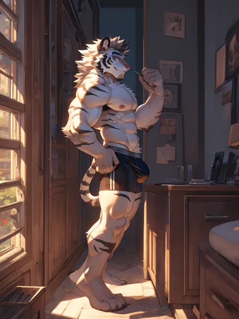 bara handsome white tiger furry leaning on wall wearing only tight boxer briefs, very tall, massive pecs, broad shoulders, sultry gaze, purple eyes, smirking at camera seductively, sultry teasing gaze, one hand on his thigh near his cock, running one hand ...