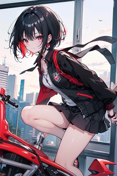 (masterpiece, highest quality, highest quality, (No text), Beautiful and aesthetic:1.2),No text,アニメ、BREAK,One Girl，Black Hair Girl　short hair　older sister　choker　Tree Eyes　Beautiful eyes　Red eyes　cool　smile　Red and Black　Black jacket　mini skirt　whole body　...