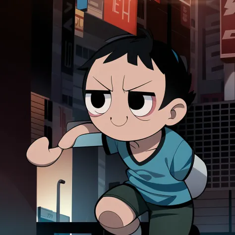 boy, shirt, short sleeves, pants, cute smile, full body, chibi, black hair, city background, (((Solo)))