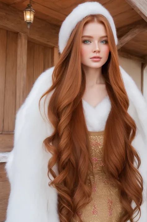 A gorgeous, pretty, shiny, kind-hearted, warm-hearted, sweet, polite, sensitive, friendly, charming, graceful, stylish, glamorous, classy, alluring, majestic, ethereal, angelical ginger long haired russian woman dressed in traditional winter costumes.
