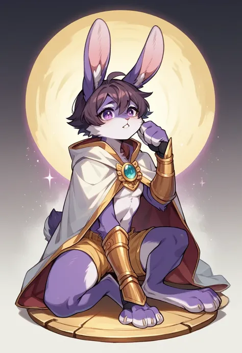 create a picture of a half rabbit character  with purple giant rabbit digitigrade legs with white paws, put purple rabbit ears on top of her head, make her wearing a royal looking white and gold cloak and white and gold shorts and black gauntlets with purp...