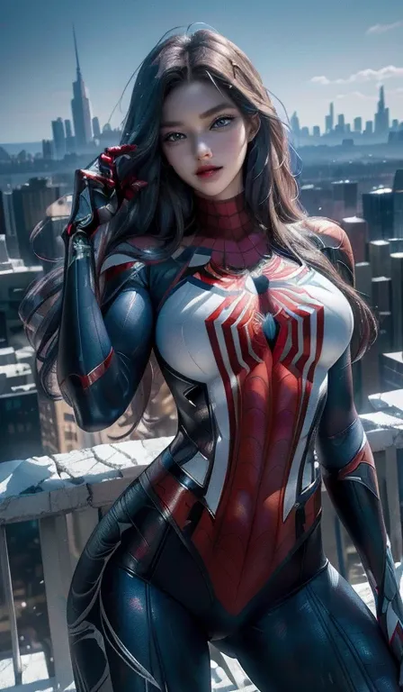 (Masterpiece, 4k resolution, ultra-realistic, very detailed), (White superhero theme, charismatic, theres a girl on top of town, wearing Spider-Man costume, shes a superhero), [ ((25 years), (long hair:1.2), full body,showing buttocks, (blue eyes:1.2), ((S...