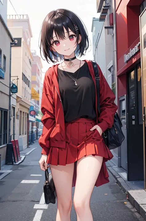 (masterpiece, highest quality, highest quality, (No text), Beautiful and aesthetic:1.2),No text,アニメ、BREAK,One Girl，Black Hair Girl　short hair　older sister　choker　Tree Eyes　Beautiful eyes　Red eyes　cool　smile　Red and Black　Black jacket　mini skirt　whole body　...