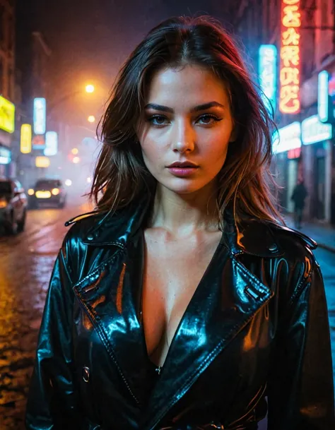 city street, neon, fog, volume, close-up portrait photo of a young sexy woman in dark clothes