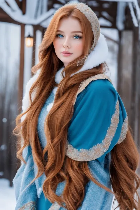 A gorgeous, pretty, shiny, kind-hearted, warm-hearted, sweet, polite, sensitive, friendly, charming, graceful, stylish, glamorous, classy, alluring, majestic, ethereal, angelical ginger long haired russian woman dressed in traditional winter costumes.
