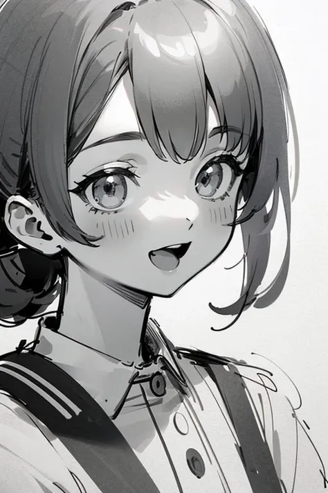 ((Sketch)), (pencil), ((Black and White)), ((Highest quality)), ((masterpiece)), (detailed), Perfect Face, ((1 person)), ((Cute girl)), Cute clothes, smile, Open your mouth, Cute Hairstyles, Upper Body Shot,