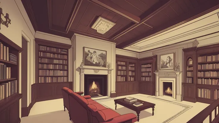 A cartoon drawing, a stylish and classic and luxury wide room with beautiful woodwork in the 1960s, lined with bookshelves and featuring a fireplace, plain floor and ceiling.