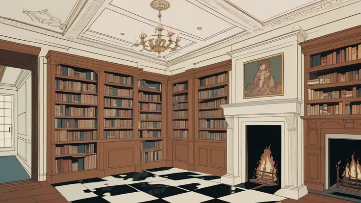 A cartoon drawing, a stylish and classic and luxury wide room with beautiful woodwork in the 1960s, lined with bookshelves and featuring a fireplace, plain floor and ceiling.