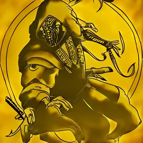 a man in a yellow and black outfit holding a sword, scorpion from mortal kombat, mortal kombat 11, character from mortal kombat,...