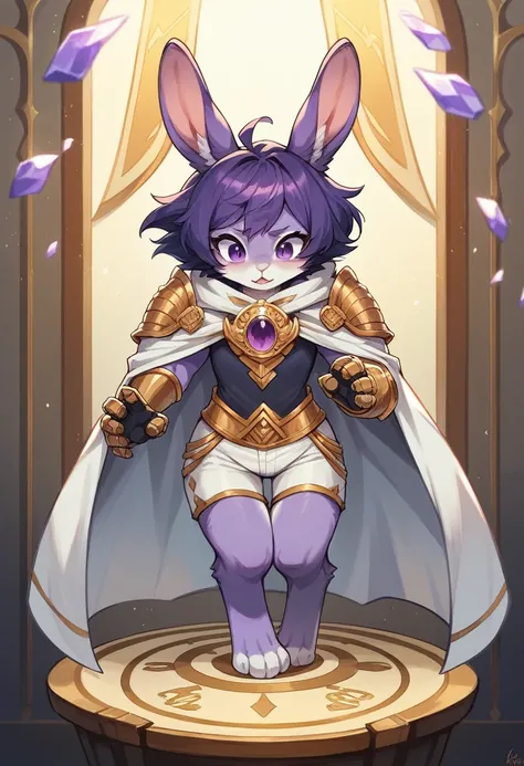 create a picture of a half rabbit character  with purple giant rabbit digitigrade legs with white paws, put purple rabbit ears on top of her head, make her wearing a royal looking white cloak with golden accents and white shorts with golden accents and bla...