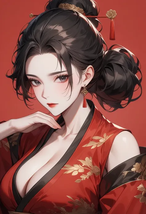 Older women，Black long hair，Hair up，Red Hanfu，Cleavage，Beautiful black eyes，Bare shoulders，Extremely detailed，high resolution，Simple background