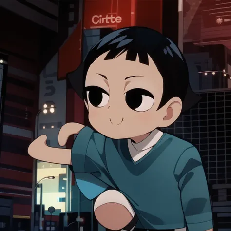 boy, shirt, short sleeves, pants, cute smile, full body, chibi, black hair, city background, (((Solo)))