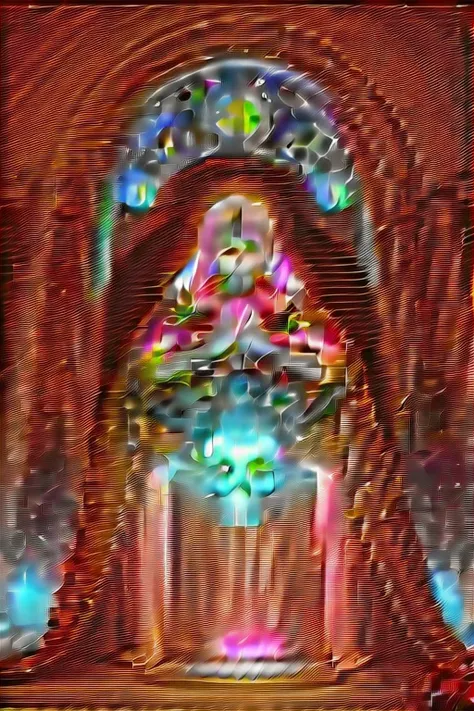 Skull Saint, gold, Orange, yellow, red, green, Purple, Black, Holy Death, Sublime, Highest quality, Digital Painting, extremely Smooth, fluid, 3D fractals, Particles of light, dream-like, Smooth, Sparkling, dream-like glow, Saint of Death, Goddess of Death...