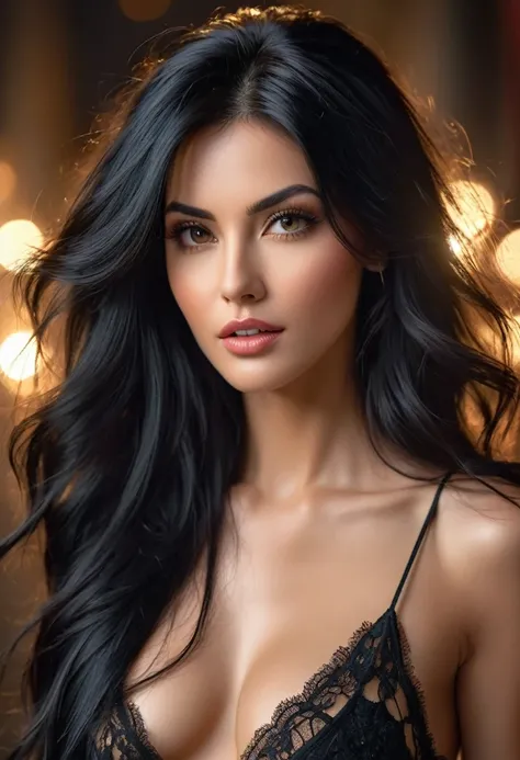 photo of -10000 beautiful woman, long messy black hair,  ,seductive,
    (masterpiece) (best quality) (detailed) (8k) (HDR) (wallpaper) (cinematic lighting) (sharp focus) (intricate)