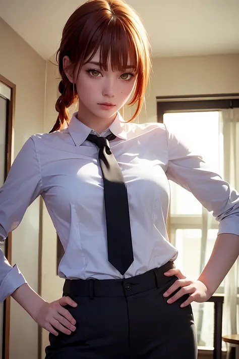 (masterpiece, 最high quality, high quality, High resolution, Super detailed), One girl, Redhead, Single Blade, The eyes are round, Yellow Eyes, Golden Eyes, bangs, blue sky, White shirt, Black tie, long office pants, Low angle view, Looking down at the view...