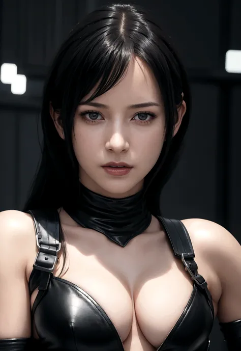 Close up portrait of woman in black leather costume posing, seductive Tifa lockhart portrait, Tifa lockhart, Tifa, Tifa lockheart, glamorous Tifa lockheart, BoobsCyberpunk, Tifa lockhart portrait, 8k art germany bokeh, Cyberpunk Angry Gorgeous Goddess, por...