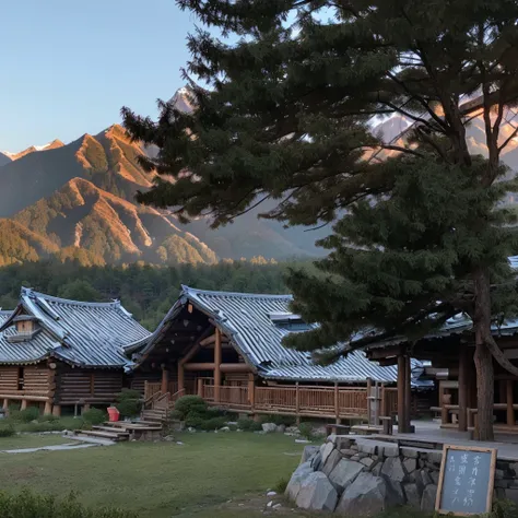 there is a man standing outside of a wooden building with a Mountains in the background脉, Campsite in the background, 背景为Japanese Village庄, Sci-fi Mongolian Village, 尖顶Log House顶, Mountains in the background, Military camp in the background, Looking from a...