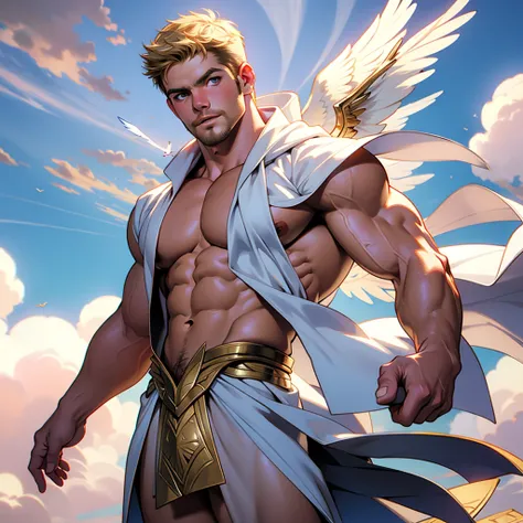 nsfw 32k,masterpiece, best quality, detailed face, natural eyes,1man, solo mature man, muscled and mature, stephen amell as an angel , totally naked wearing a see thru transparent robe with golden embroidery , wearing 2 very big angels wings , showing musc...