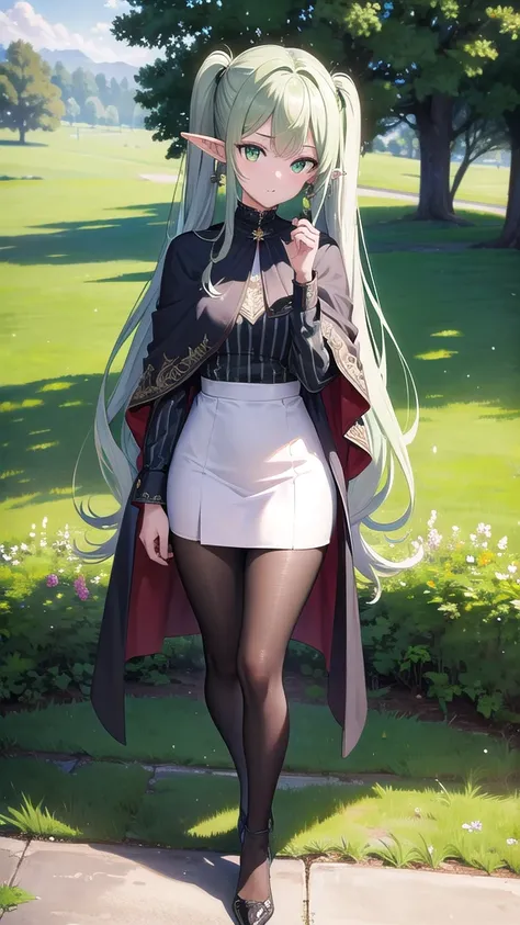 frieren, frieren, long hair, twintails, (green eyes:1.5), grey hair, pointy ears, elf,
BREAK shirt, long sleeves, jewelry, pantyhose, earrings, striped, black pantyhose, capelet, striped shirt,
BREAK looking at viewer, upper body, (full body:1.2),
BREAK ou...