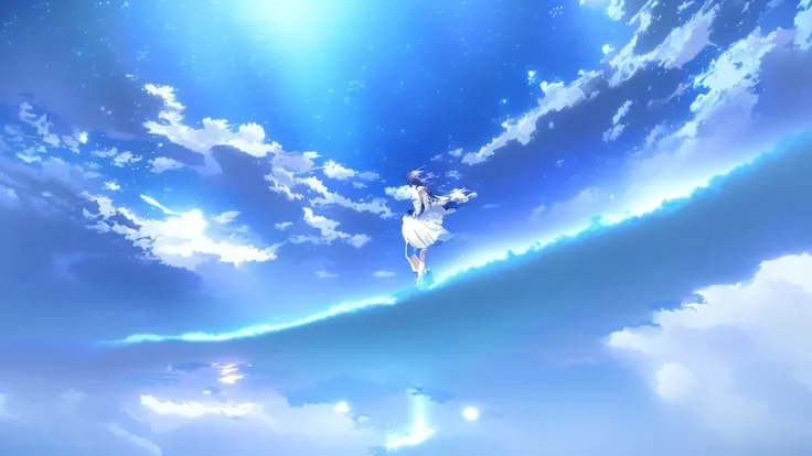 anime, A girl in a white dress floats in the water, Makoto Shinkai Cyril Rolland, anime girl walking on water, anime movie background, beautiful anime scene, todays featured anime still, anime film still, screenshot from the anime film, anime still film an...