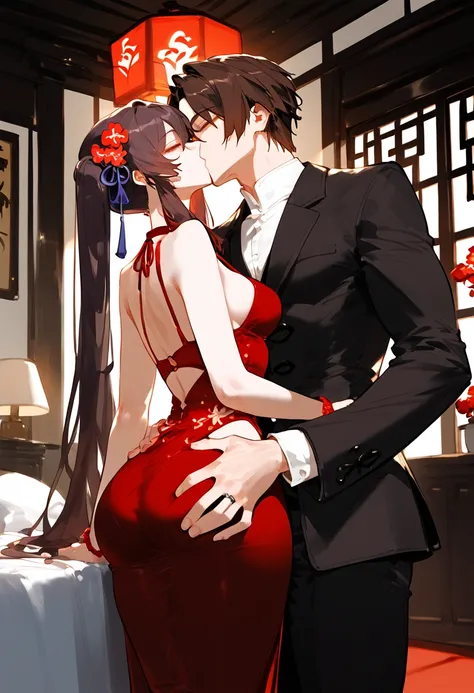 anime artwork, score_9, score_8_up, score_7_up, score_6_up, score_5_up, score_4_up, hu tao, she is 24 years old, style_3, sit,,,,,,,,,, bikini, 1boy, zhongli, he grabbing her ass, they are kissing, indoors