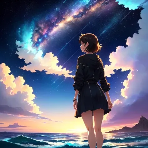 Woman standing on the waves and watching a shooting star, Makoto Shinkai Cyril Rolland, background shooting star, anime wallpaper 4k, anime wallpaper 4k, 4k anime wallpaper, Anime Sky, anime art wallpaper 4k, Awesome Wallpapers, anime art wallpaper 4k, Spa...