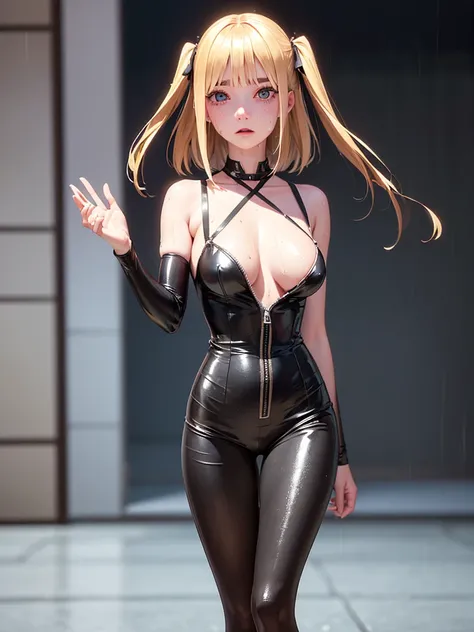 masterpiece, High resolution, high quality, Detailed face, Detailed body rendering, One girl, alone, Sleeveless outfit, Sleeveless shirt, Fishnet top, Black Lips, Unzipped jacket,, Exposing breasts, Nipples, Are standing, blushする, ((Full Body Shot)) , ((le...