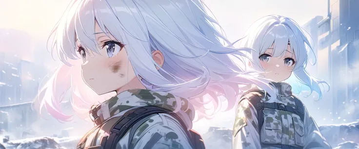  Luminous design, Soft colors，masterpiece:1.2), best quality , 独奏 ,pixiv, anime girl ，long straight white hair , black eyes ,Wearing off-white camouflage uniform ,ten years old，modern battlefield，(Eyes looking into the distance:1.3)，(look away:1.5)，snowy w...