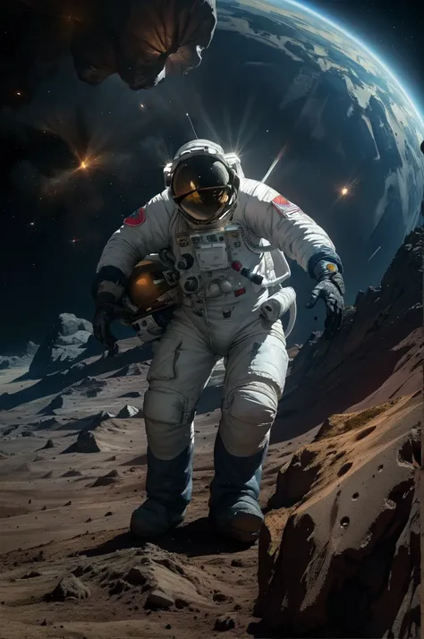 best quality, masterpiece, foreground: astronaut looks at his planet, background: space, a dying planet from overuse of its reso...