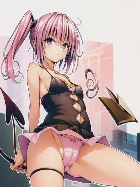 Nana,breasts out,bustier,miniskirt,panties:pink panties:pink bra,upskirt,girl,demon tail,side ponytail,pink hair,expressionless,Turning a page