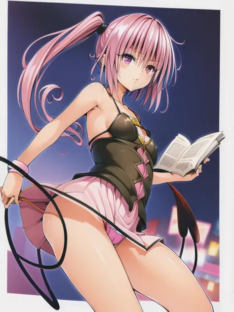 Nana,breasts out,bustier,miniskirt,panties:pink panties:pink bra,upskirt,girl,demon tail,side ponytail,pink hair,expressionless,Turning a page