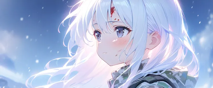  Luminous design, Soft colors，masterpiece:1.2), best quality , 独奏:2 ,pixiv, anime girl ，long straight white hair , black eyes ,Wearing off-white camouflage uniform ,ten years old，modern battlefield，(Eyes looking into the distance:1.3)，(look away:1.5)，snowy...