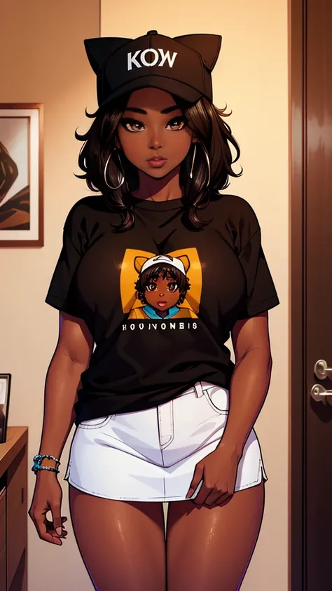 Dark skin ebony young woman in an oversized fuzzy fitted shirt, clearly defined brown eyes