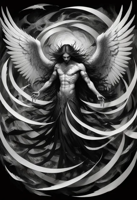 A painting of dark fallen angel Lucifer surrounded by dark wings, black and white Möbius strip, spinning and tumbling white wings and dark angels, deathcore style, layered image with subtle irony, Himalayan art