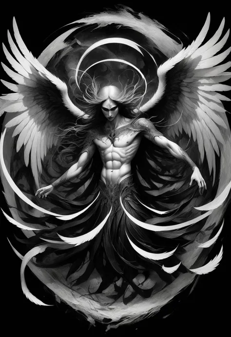 A painting of dark fallen angel Lucifer surrounded by dark wings, black and white Möbius strip, spinning and tumbling white wings and dark angels, deathcore style, layered image with subtle irony, Himalayan art