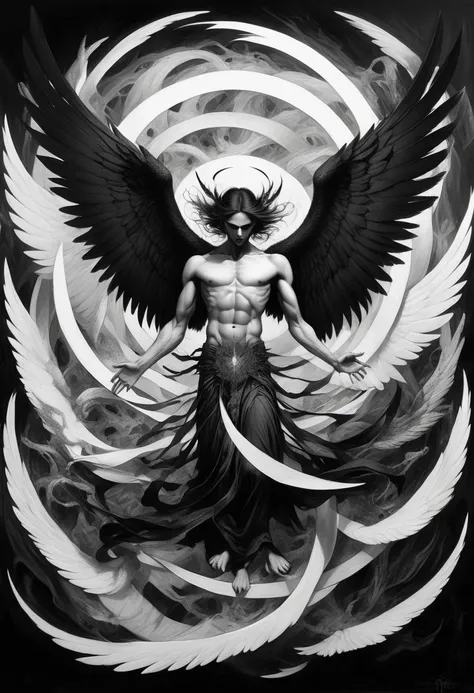 A painting of dark fallen angel Lucifer surrounded by dark wings, black and white Möbius strip, spinning and tumbling white wings and dark angels, deathcore style, layered image with subtle irony, Himalayan art