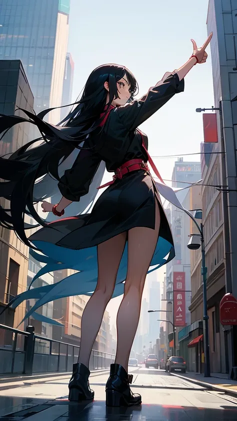 A beautiful girl with long black hair is standing in the street, raising her arm and pointing forward.