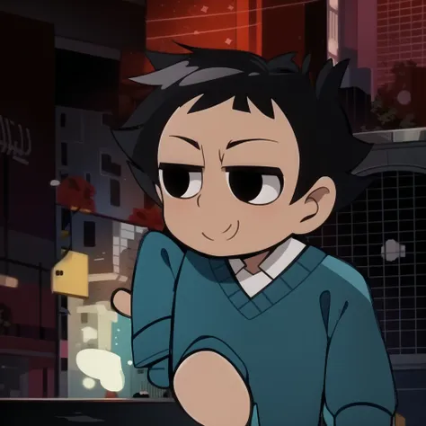 boy, shirt, short sleeves, pants, cute smile, full body, chibi, black hair, city background, (((solo)))