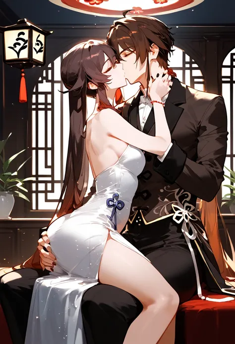 anime artwork, score_9, score_8_up, score_7_up, score_6_up, score_5_up, score_4_up, hu tao, she is 24 years old, style_3, sit,,,,,,,,,, dress, 1boy, zhongli, he grabbing her ass, they are kissing, indoors