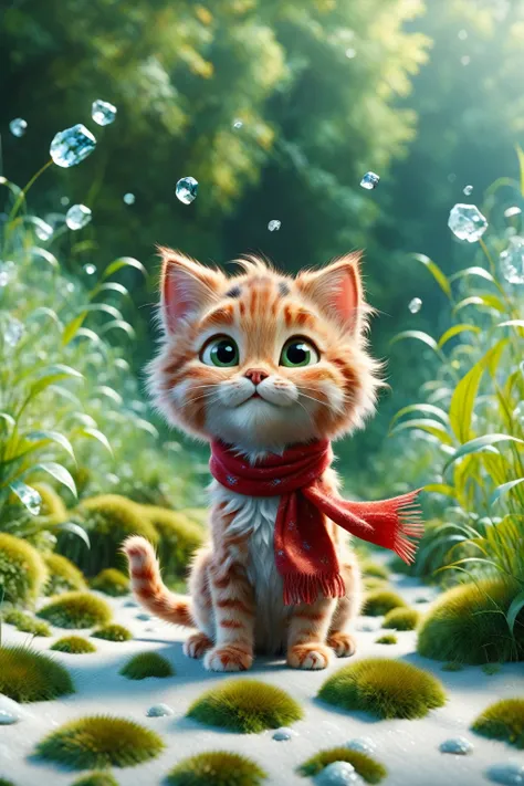 Ralph Raff,Little,masterpiece,Highest quality,original,Official Art,One cat,Red scarf,Grass,Blurred Background,Cartoon Rendering,Beautiful sparkle,(Detailed ice),Beautiful detailed water,I want a Disney Pixar style with a white background painted with wate...