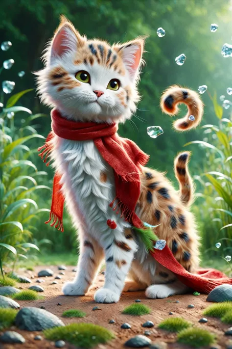 Ralph Raff,Little,masterpiece,Highest quality,original,Official Art,One cat,Red scarf,Grass,Blurred Background,Cartoon Rendering,Beautiful sparkle,(Detailed ice),Beautiful detailed water,I want a Disney Pixar style with a white background painted with wate...