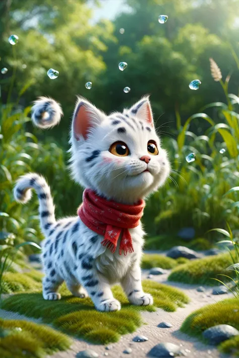 ralph raff,little,masterpiece,highest quality,original,official art,one cat,red scarf,grass,blurred background,cartoon rendering...