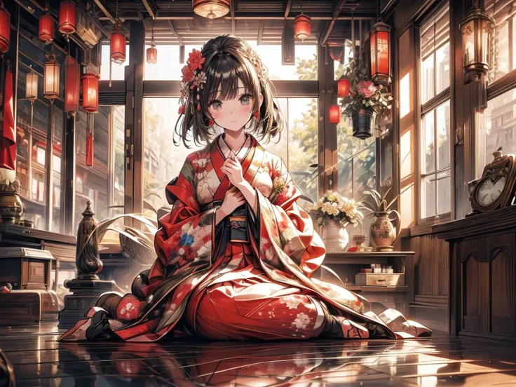 kimono, heart, (8K, Original photo, Highest quality, masterpiece: 1.2), (practical: 1.6), (masterpiece), (Highest quality: 1.0), (Ultra-high resolution: 1.0), detailed, 1940s, One, detailed beautiful skin, detailed room, ,practical skin