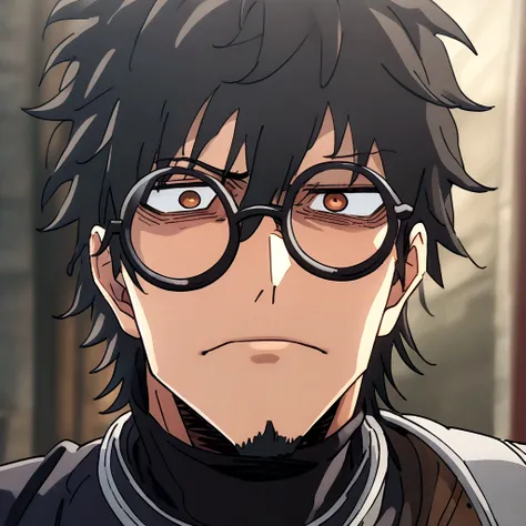 Anime man, shaved beard, cold face expression, black fluffy messy hair, unique black suit, cool, ((best quality)), black scarf, black waist straps, Fanny pack across shoulder, circle glasses, black turtleneck collar, eye bags