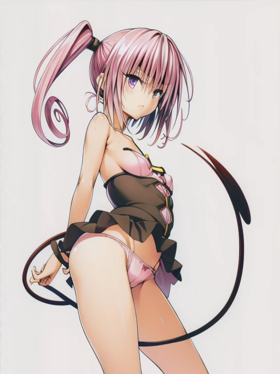 Nana,breasts out,bustier,miniskirt,panties:pink panties:pink bra,upskirt,girl,demon tail,side ponytail,pink hair,expressionless,Turning a page,looking at viewer