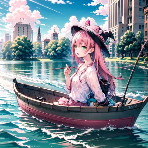 (1 girl: 1.1) ,((pink hair)),((green eyes)), angler, with fish, expression of joy, hat, river, boat