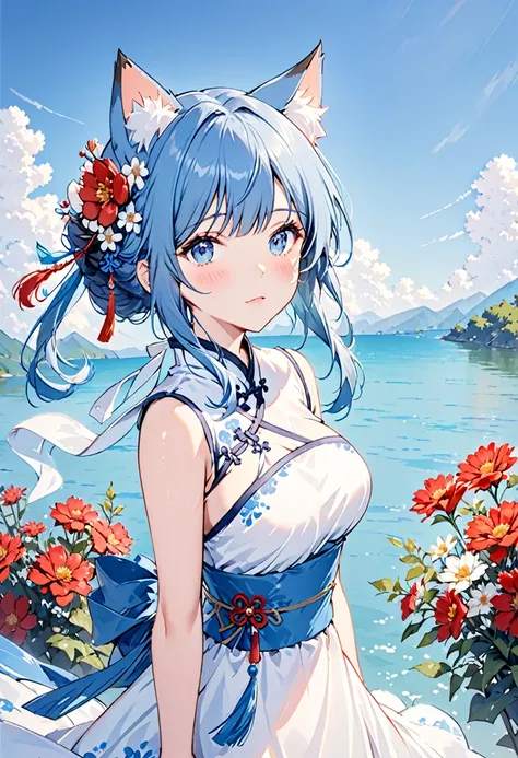 a woman in elaborate cat clothing standing in front of blue sky and water, 1girl, solo, flower, hair flower, hair ornament, white background, animal ears, blue eyes, dress, simple background, looking at viewer, animal ear fluff, breasts, blue hair, blush, ...